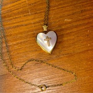 Vintage Gold filled Mother of Pearl Heart Locket Necklace with Cross Design